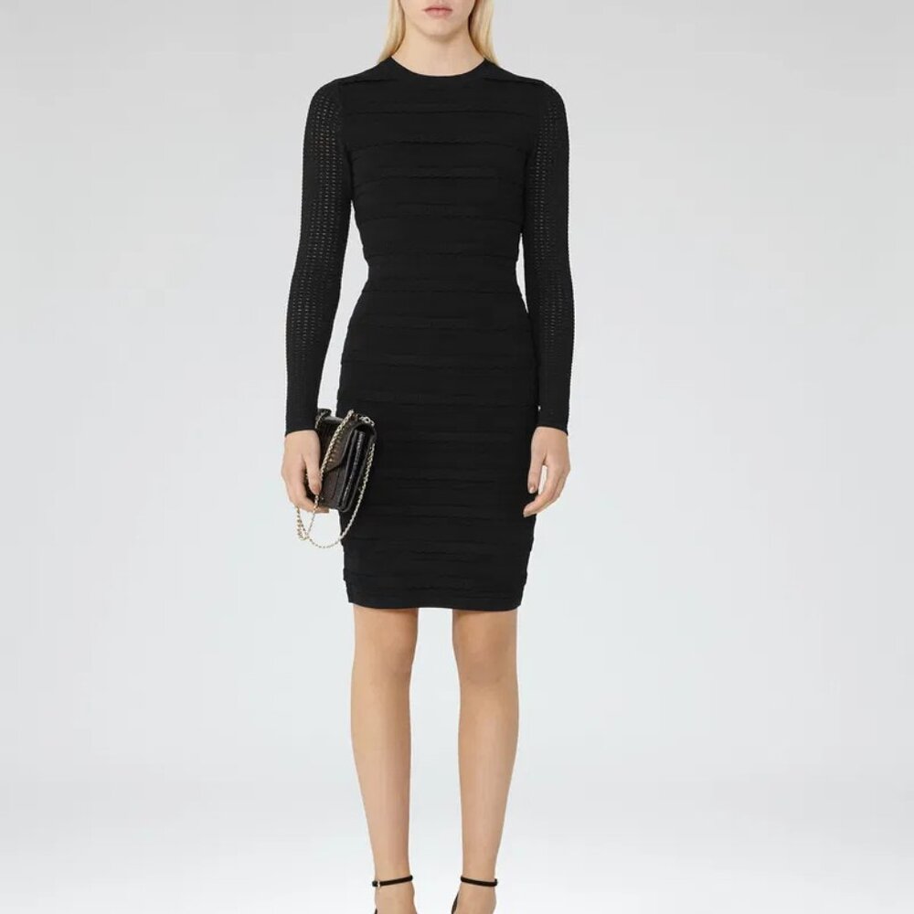 REISS Size 6 Black Jenkins Knitted Long Sleeve Dress Bodycon Scalloped Designer